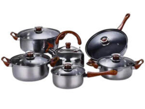 12 Piece Pot Set Stainless Steel Base with Wooden Grain Finish