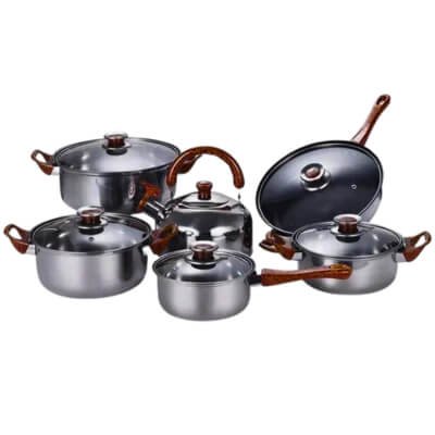 12 Piece Pot Set Stainless Steel Base with Wooden Grain Finish 12 Piece Pot Set Stainless Steel Base with Wooden Grain Finish