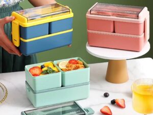 4 In 1 Double Layer Plastic Lunch Box With Cutlery Set