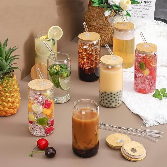 4 Pieces Can Shaped Drinking Glass with Bamboo Lids and Glass Straw Set 4 Pieces Can Shaped Drinking Glass with Bamboo Lids and Glass Straw Set
