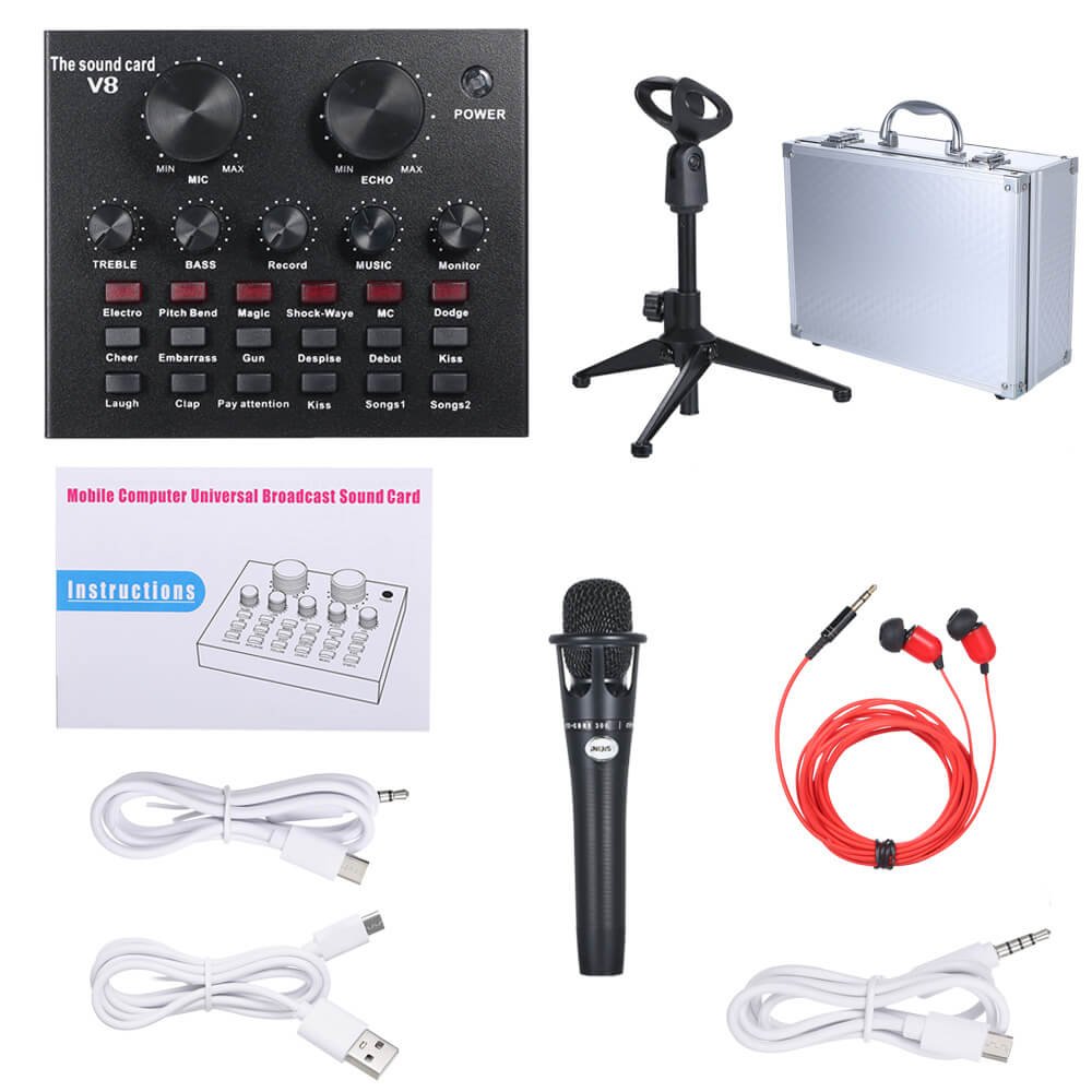 Podcast Equipment Bundle E300 Mic Kit with V8 Live Sound Card Black