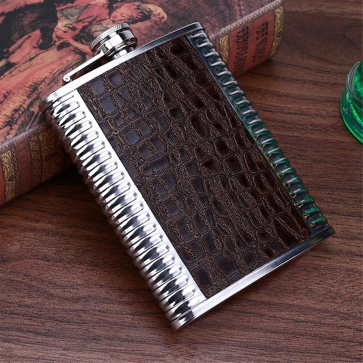 Stainless Steel Hip Flask with Leather Effect 4 Shot Glass and Funnel Stainless Steel Hip Flask with Leather Effect 4 Shot Glass and Funnel