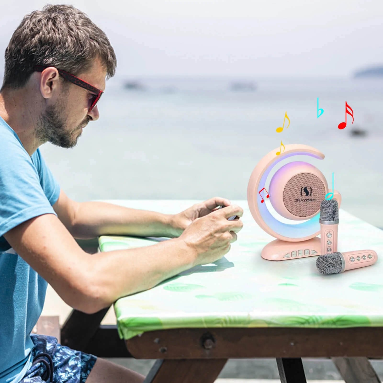 Wireless Lightshow Speaker with Two Wireless Microphones