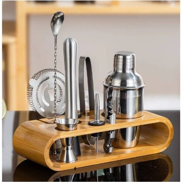12 Piece Stainless Steel Cocktail Shaker With Wooden Stand 12 Piece Stainless Steel Cocktail Shaker With Wooden Stand