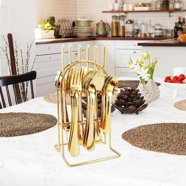 24 Piece Gold Stainless Steel Tableware Cutlery Set with Display Stand 24 Piece Gold Stainless Steel Tableware Cutlery Set with Display Stand
