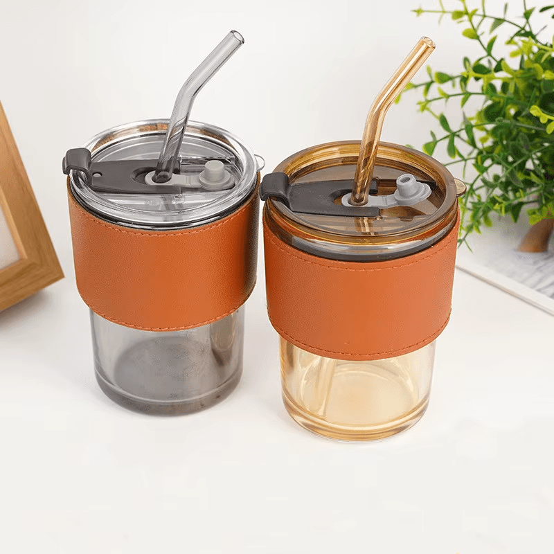 400ml Coffee Cup Sipper Glass Tumbler with Lid and Straw